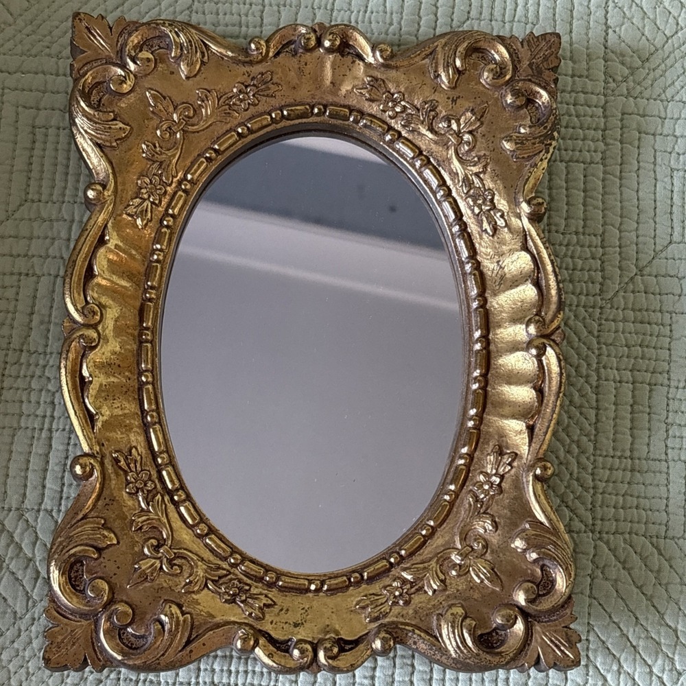 Vintage Ornate Gold Wood Framed Oval Mirror Baroque Rococo 9" x 6.75"